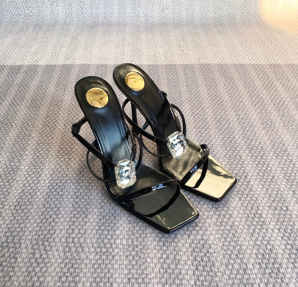 HIGH MULES WITH GEM IN BLACK GLOSSY CALFSKIN