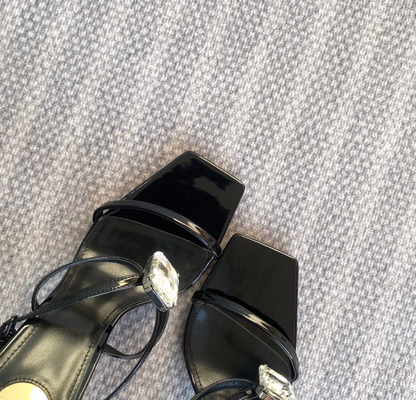 HIGH MULES WITH GEM IN BLACK GLOSSY CALFSKIN