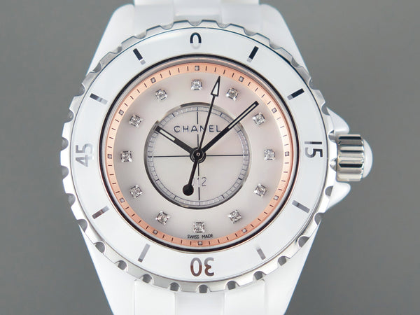 J12 33mm Quartz White Ceramic Diamond Numerals Pink Mop Dial