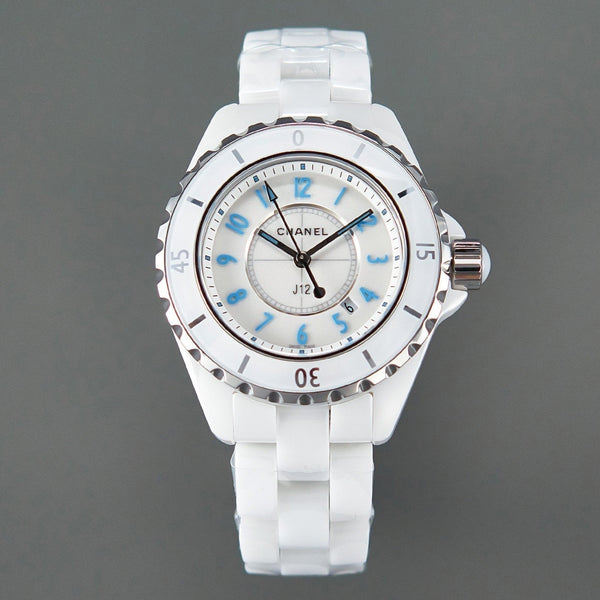J12 Date Quartz White Ceramic Blue Numerals White Dial