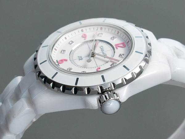 J12 Quartz White Ceramic Pink Diamond Numerals White Dial