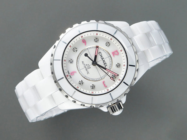 J12 Automatic White Ceramic Pink Diamond Numerals White Dial