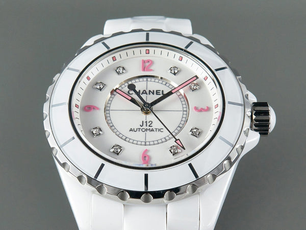 J12 Automatic White Ceramic Pink Diamond Numerals White Dial