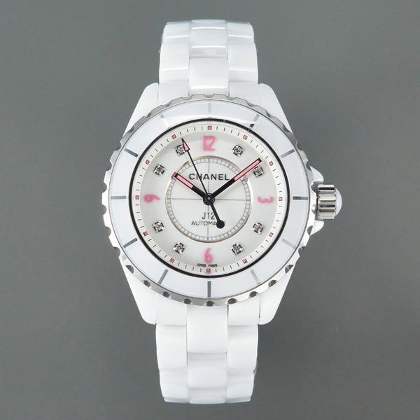 J12 Automatic White Ceramic Pink Diamond Numerals White Dial
