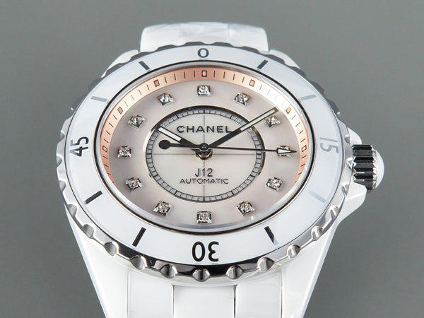 J12 Automatic White Ceramic Diamond Numerals Pink Mop Dial