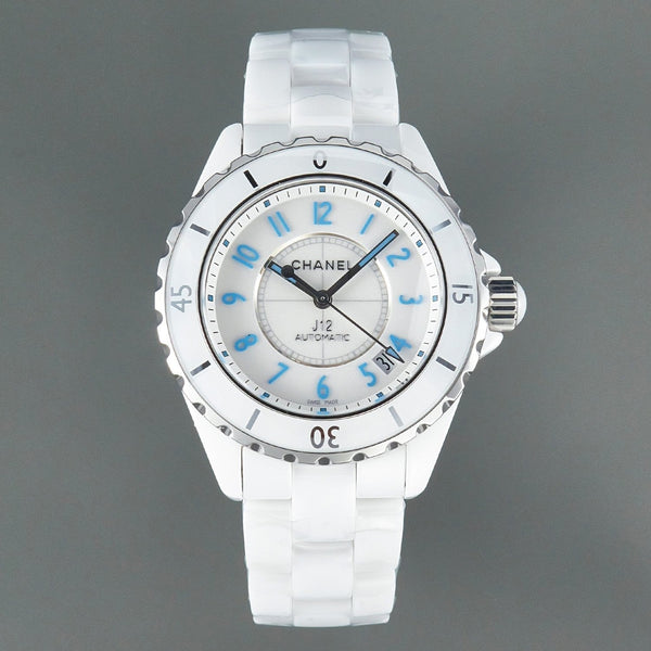 J12 Date Automatic White Ceramic Blue Numerals White Dial