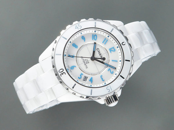 J12 Date Automatic White Ceramic Blue Numerals White Dial