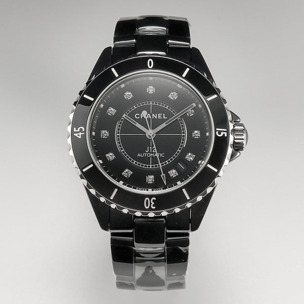 J12 Date Automatic Black Ceramic Diamond Numerals Black Dial Black Steel Hands