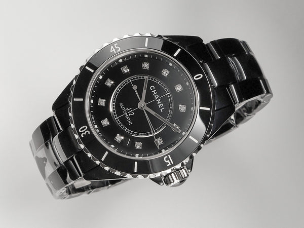 J12 Date Automatic Black Ceramic Diamond Numerals Black Dial Black Steel Hands