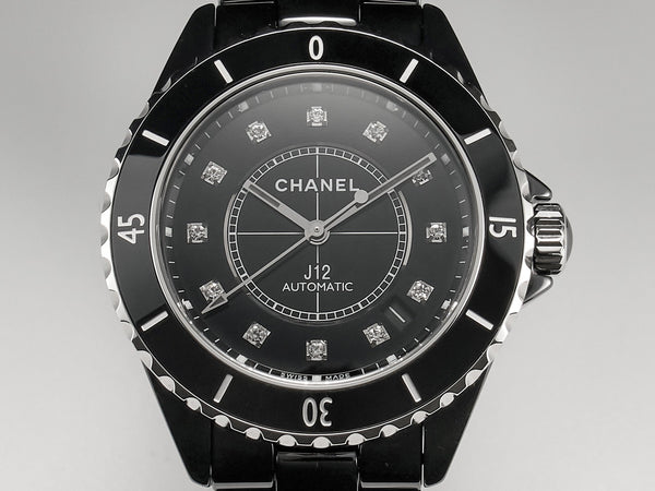 J12 Date Automatic Black Ceramic Diamond Numerals Black Dial Black Steel Hands