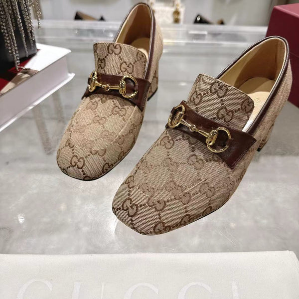 GG Women's Loafer Pump 55mm Horsebit Beige Canvas 502604