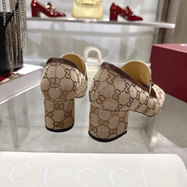 GG Women's Loafer Pump 55mm Horsebit Beige Canvas 502604