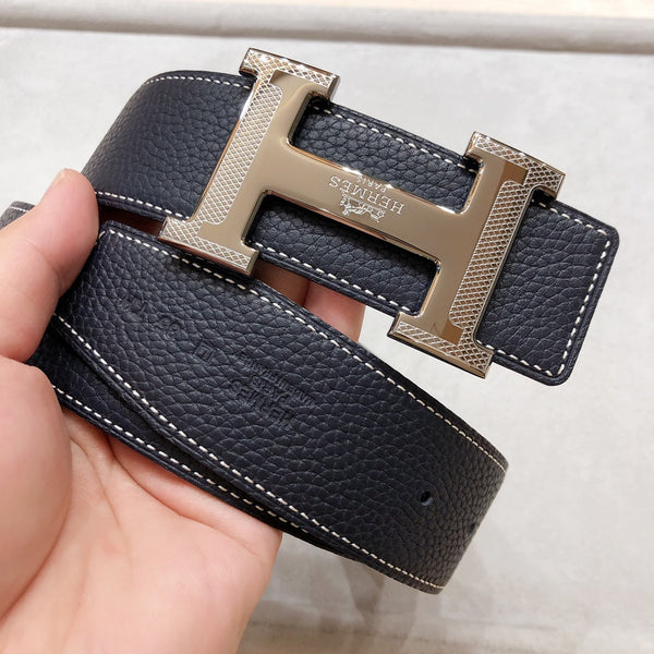 HM H D'ANCRE BELT BUCKLE & REVERSIBLE BLACK LEATHER STRAP 38 MM GREY SILVER HARDWARE