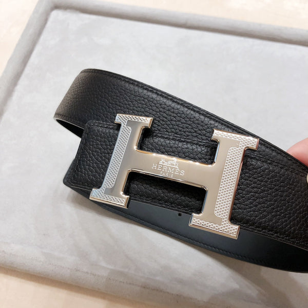 HM H D'ANCRE BELT BUCKLE & REVERSIBLE BLACK LEATHER STRAP 38 MM SILVER HARDWARE