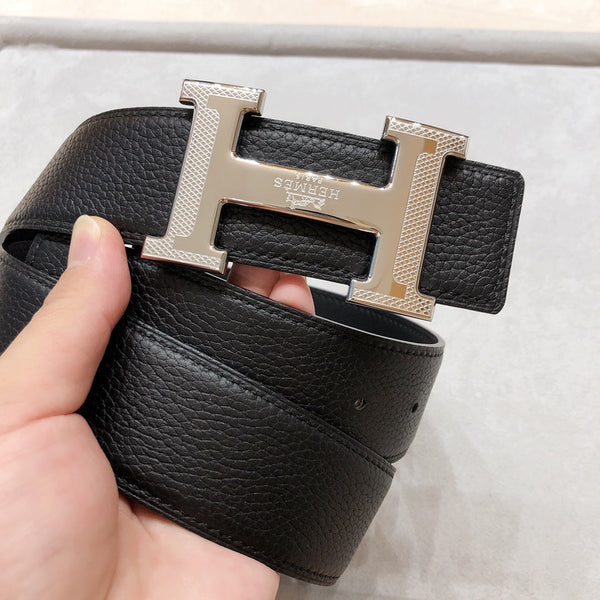 HM H D'ANCRE BELT BUCKLE & REVERSIBLE BLACK LEATHER STRAP 38 MM SILVER HARDWARE