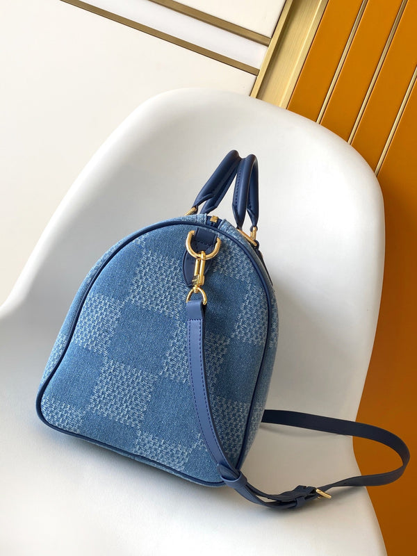 LV Speedy 30 Bandoulière Blue Cotton with 3D Damier Denim GHW