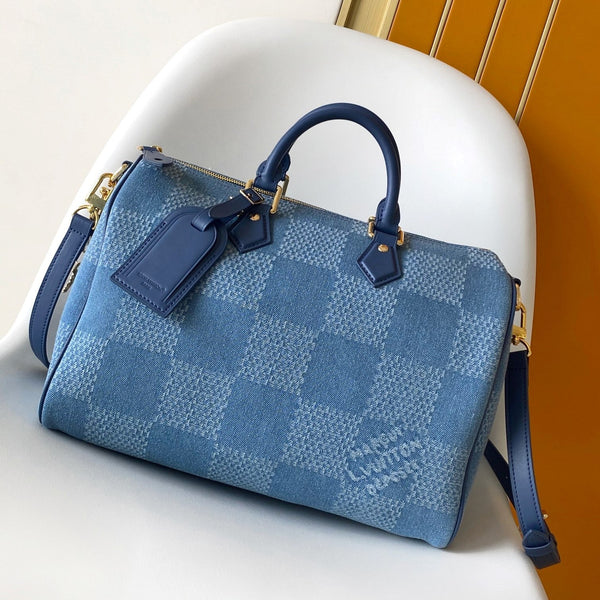 LV Speedy 30 Bandoulière Blue Cotton with 3D Damier Denim GHW