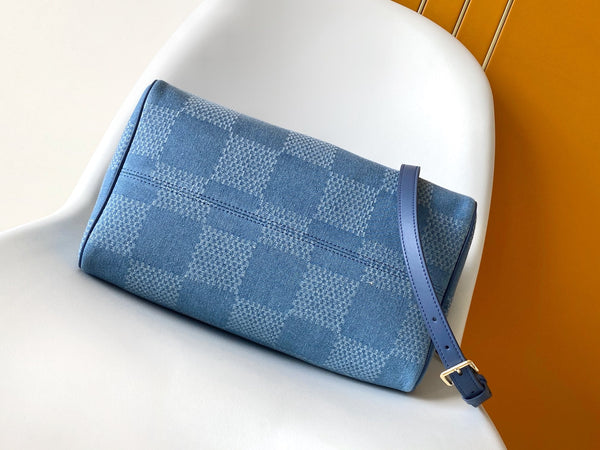LV Speedy 30 Bandoulière Blue Cotton with 3D Damier Denim GHW