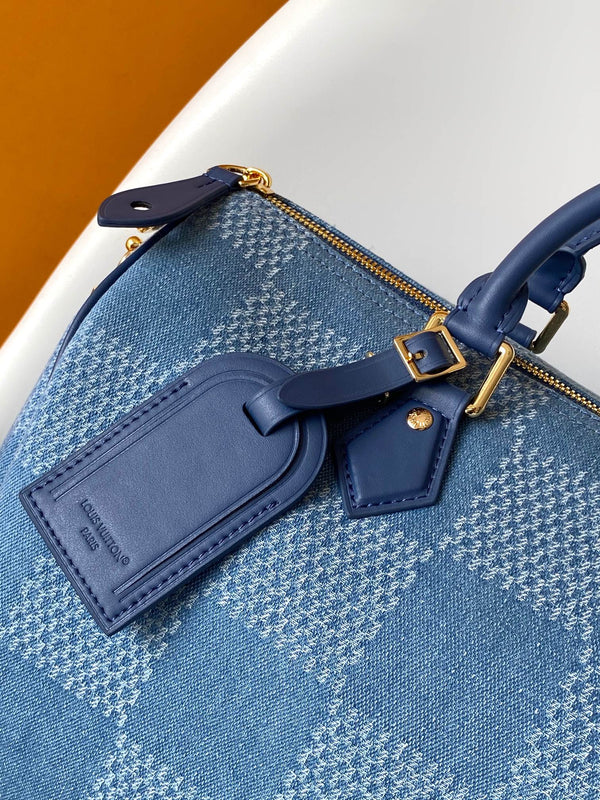 LV Speedy 30 Bandoulière Blue Cotton with 3D Damier Denim GHW