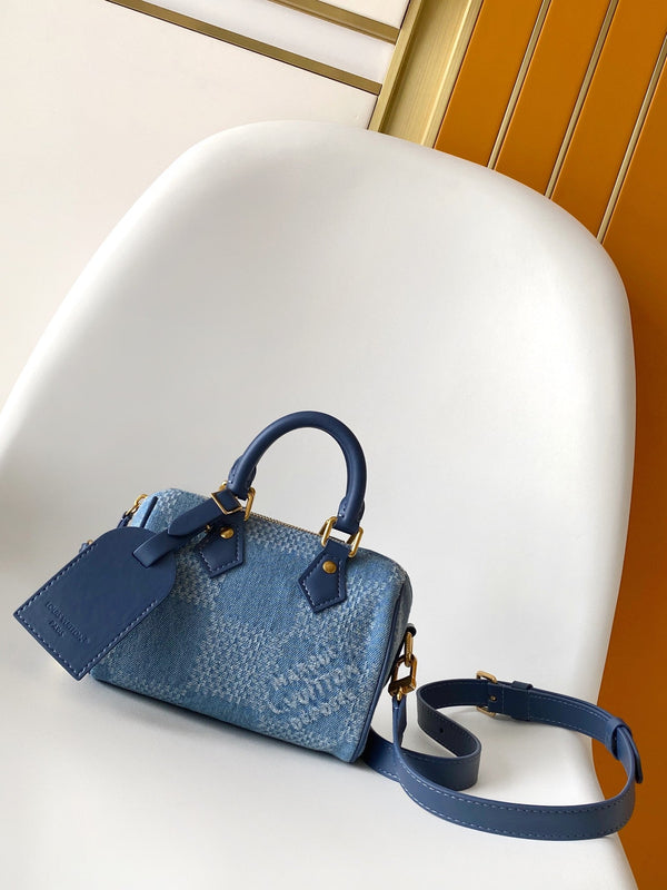 LV Speedy 18 Bandoulière Blue Cotton with 3D Damier Denim GHW