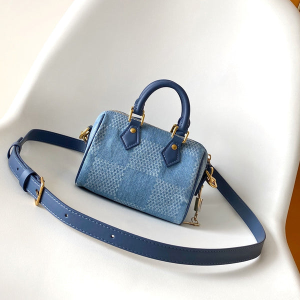 LV Speedy 18 Bandoulière Blue Cotton with 3D Damier Denim GHW