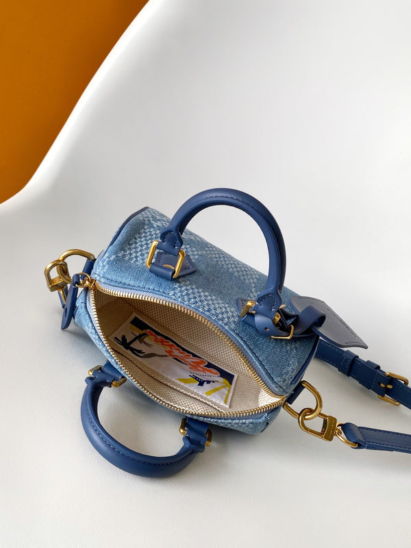 LV Speedy 18 Bandoulière Blue Cotton with 3D Damier Denim GHW