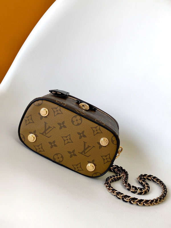 LV M47128 Vanity PM 13cm with Chain Brown Monogram Canvas & Cafskin GHW