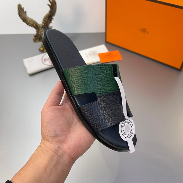 HM Oran Slippers in Black and Green Cowhide 735644