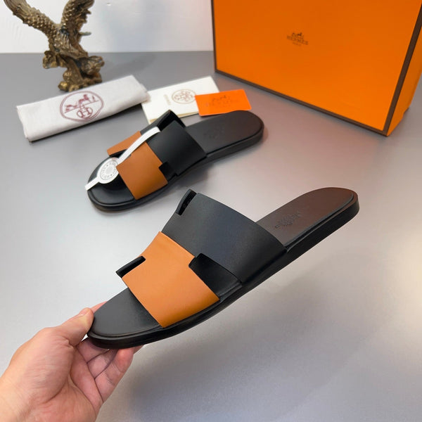 HM Oran Slippers in Black and Orange Calfskin 735648