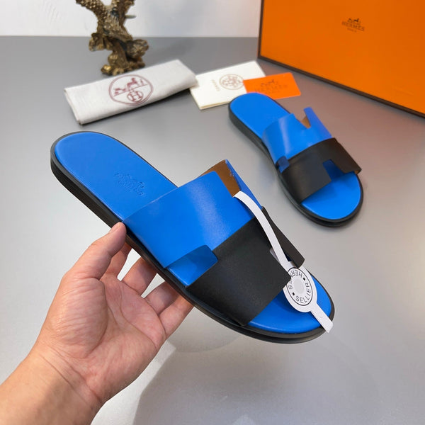HM Oran Slippers in Blue and Black Calfskin 735649