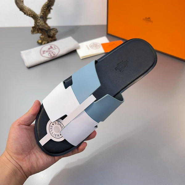 HM Oran Slippers in Cloud Blue and White Calfskin 735650