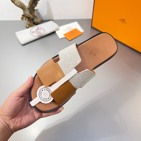 HM Oran Slippers in Brown and Grey Cowhide mix Canvas 735632