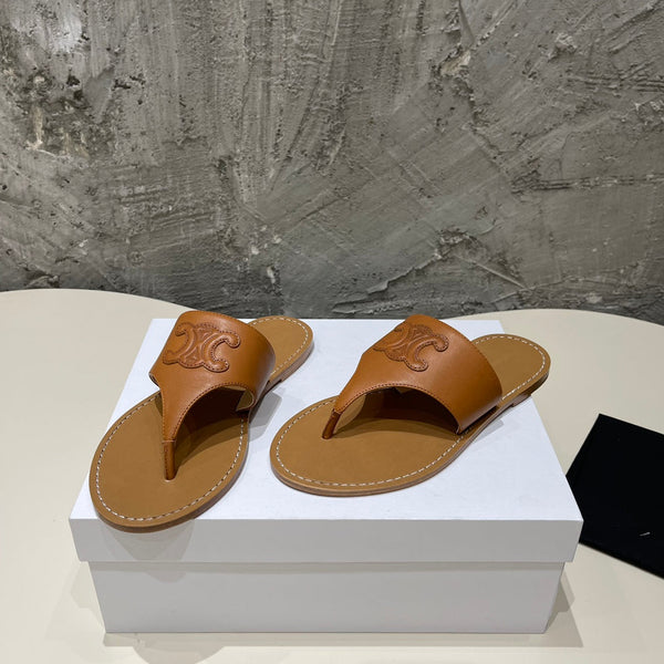 WOMEN TRIOMPHE FLAT THONG IN CALFSKIN DARK BROWN