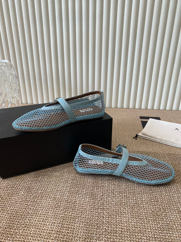 ballet flat in fishnet turquoise blue lambskin
