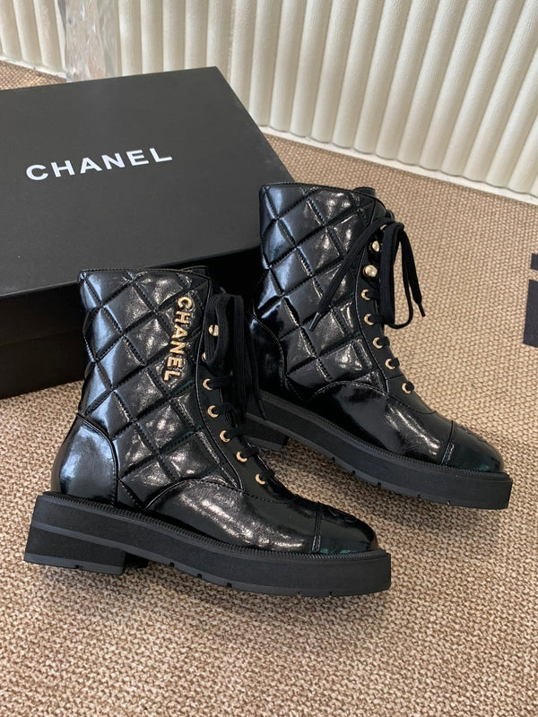 Chanel Electric Ankle Show Boot Black Glossy Leather 507527