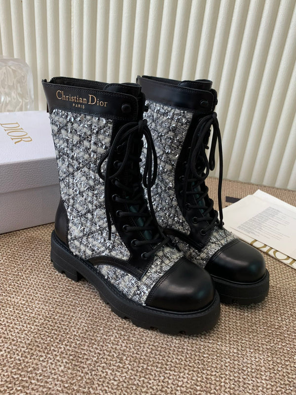 CD D-Unit Ankle Boot In White Mix Black Tweed Fabric And Cowhide 113476