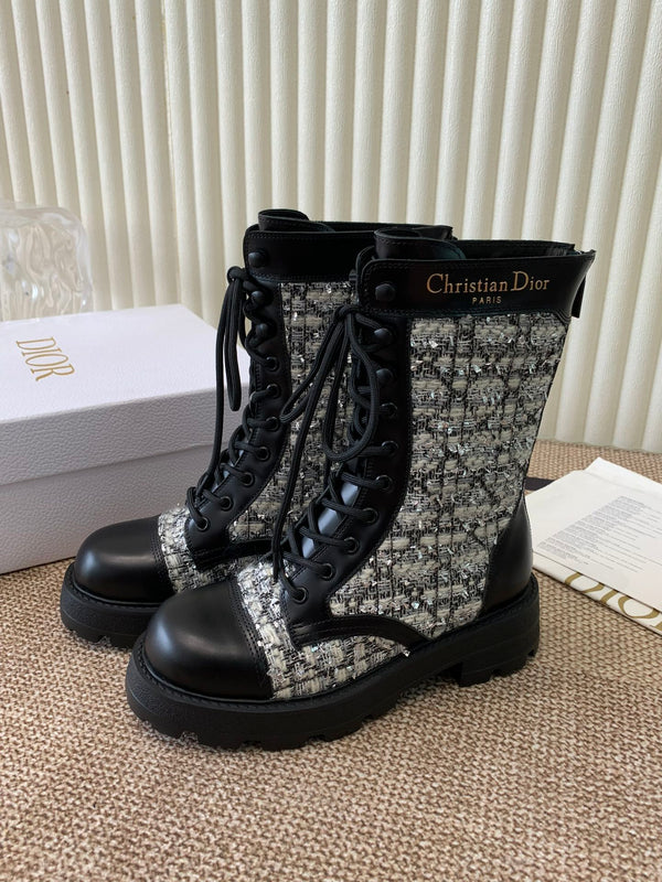CD D-Unit Ankle Boot In White Mix Black Tweed Fabric And Cowhide 113476