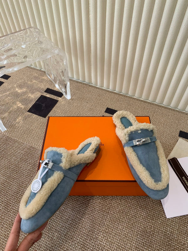 HM Oz Mule In Dark Pastel Blue Suede Lined With Wool Fleece 113199