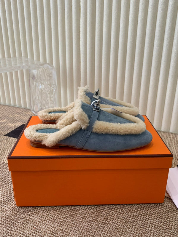 HM Oz Mule In Dark Pastel Blue Suede Lined With Wool Fleece 113199