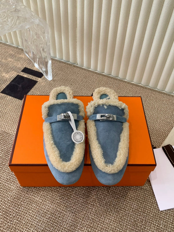 HM Oz Mule In Dark Pastel Blue Suede Lined With Wool Fleece 113199