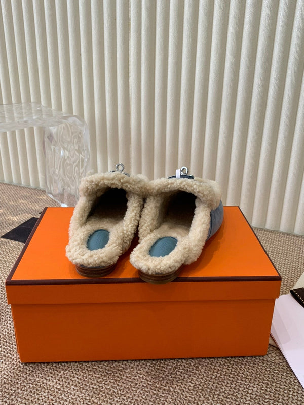 HM Oz Mule In Dark Pastel Blue Suede Lined With Wool Fleece 113199