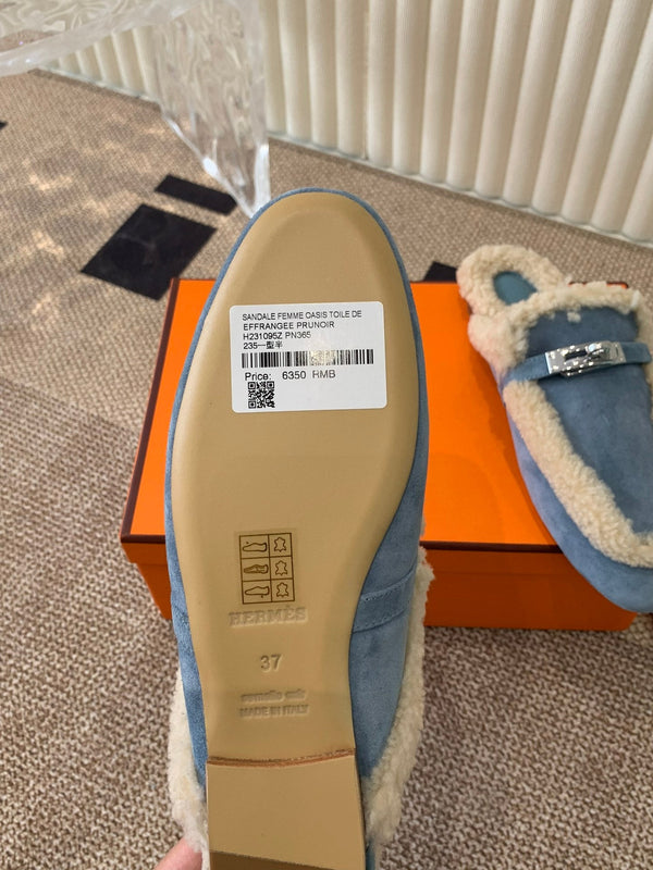 HM Oz Mule In Dark Pastel Blue Suede Lined With Wool Fleece 113199