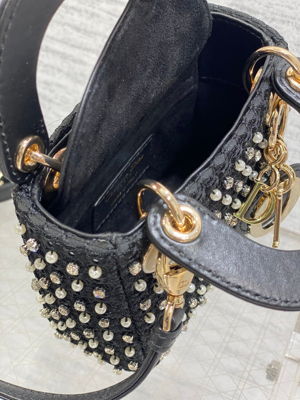Lady Micro Bag 10cm Black Canvas Diamond Pearl
