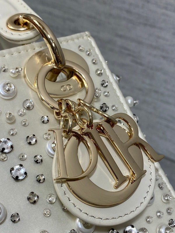 MINI 17 LADY BAG IN WHITE SATIN EMBROIDERED WITH BEADS 226310