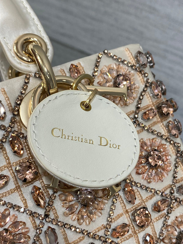 MINI 22 LADY BAG IN WHITE SATIN WITH COLORFUL EMBROIDERED BEADWORK