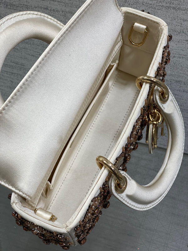 MINI 22 LADY BAG IN WHITE SATIN WITH COLORFUL EMBROIDERED BEADWORK