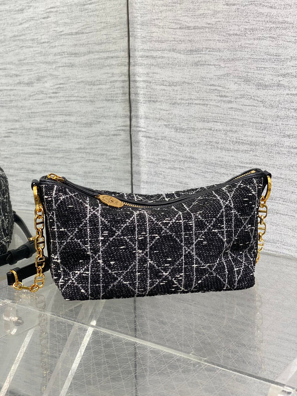 BORSA STAR HOBO 28 CON CATENA IN TWEED CANNAGE BIANCO E NERO CON FERRAMENTA ORO
