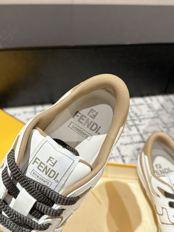 FENDI MATCH LOW-TOPS IN DARK TAN MIX WHITE CALFSKIN