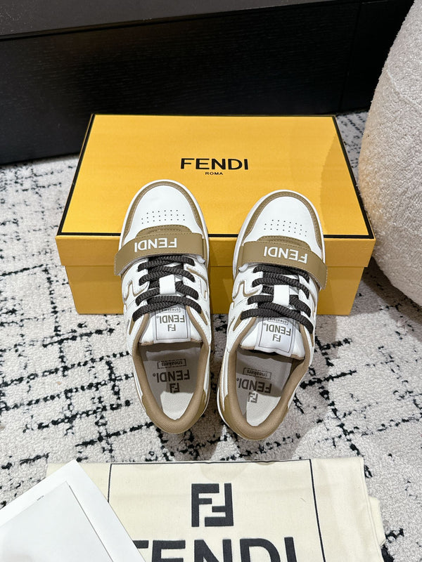 FENDI MATCH LOW-TOPS IN DARK TAN MIX WHITE CALFSKIN
