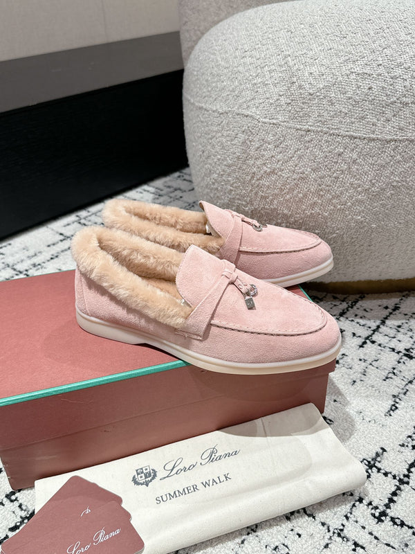 LP Summer Charms Walk Loafers In Light Pink Mix Beige Suede With Rabbit Fur Lining 985642